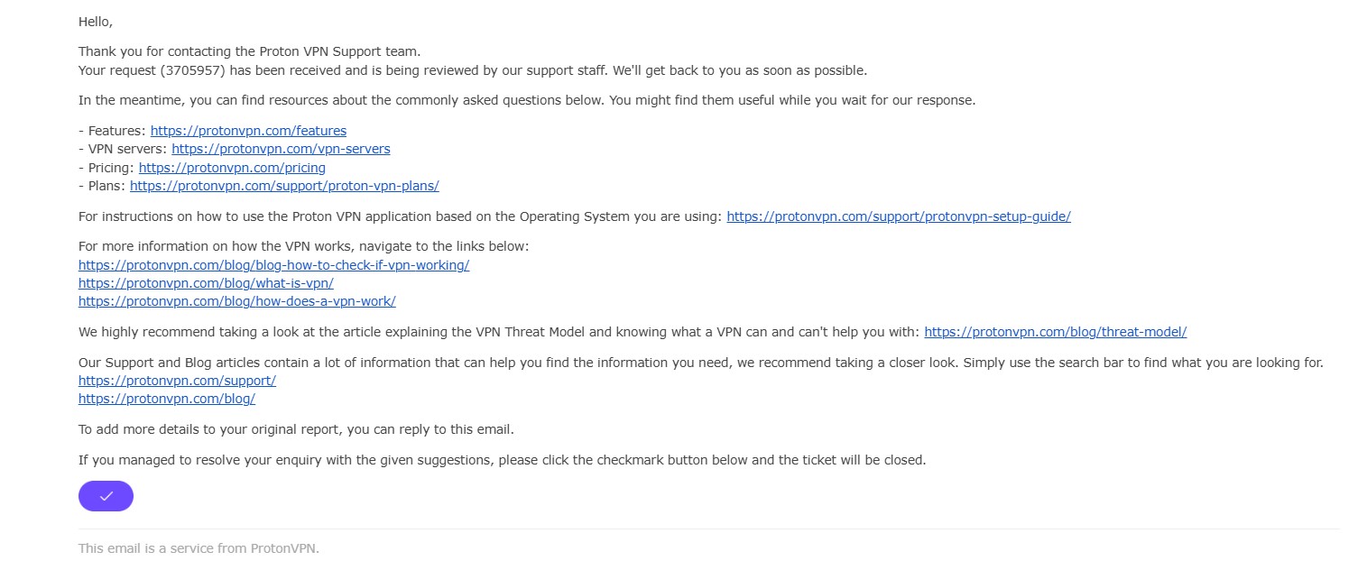 Proton VPN customer service correspondence