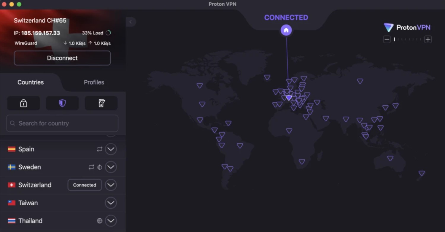 ProtonVPN user interface