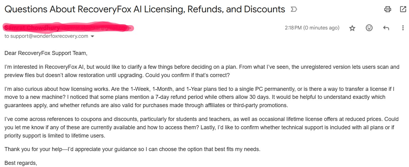 Customer support questions about licensing, discounts and refunds