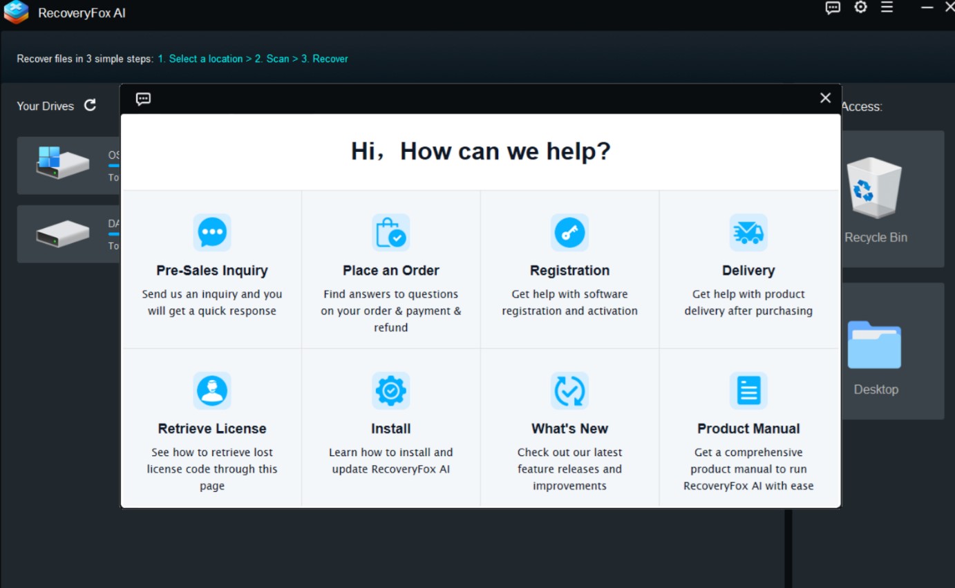 RecoveryFox AI user interface