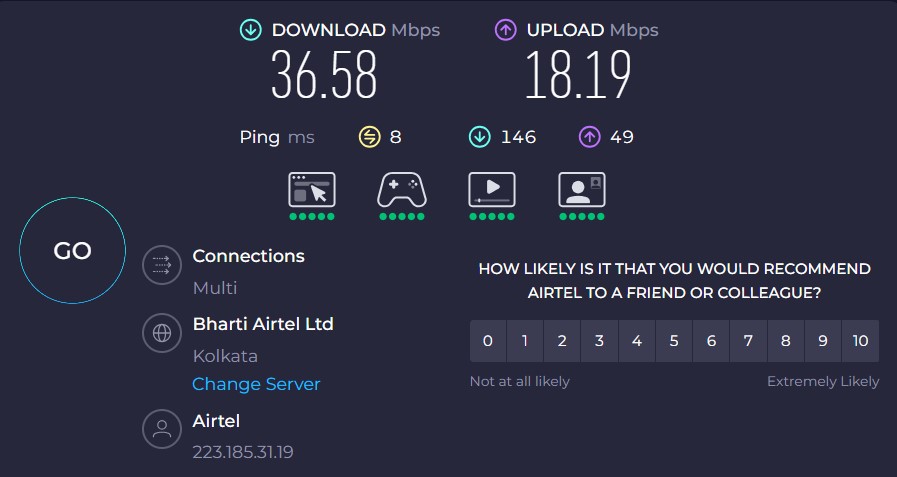 OysterVPN speed test ISP speed without VPN