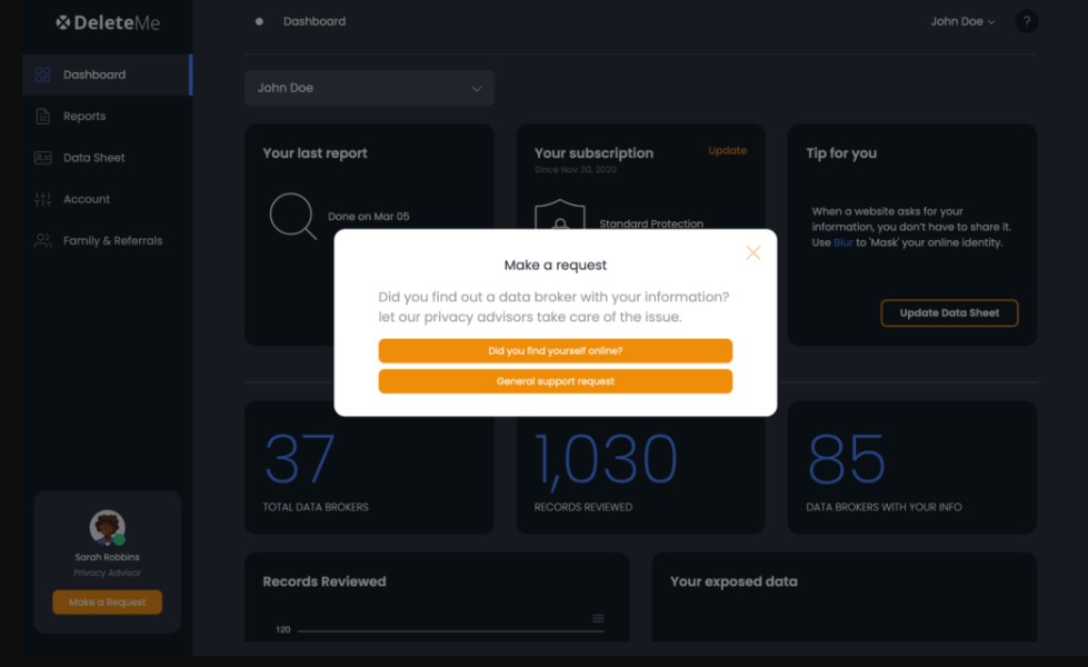 DeleteMe dashboard