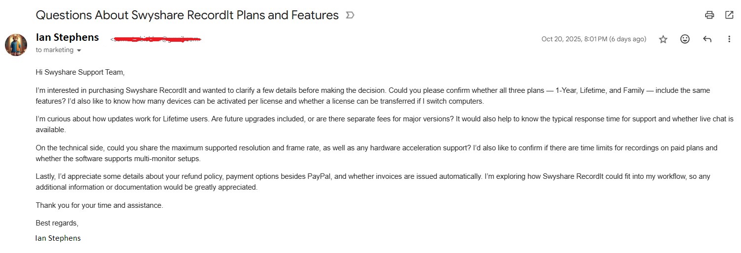 Swyshare Recordit plans and features questions to customer service