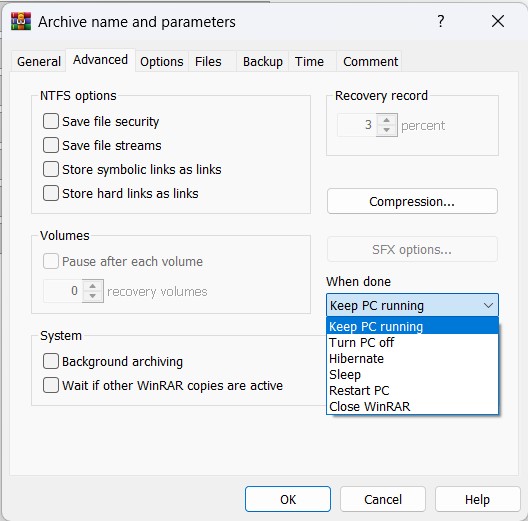 WinRar advanced tab options