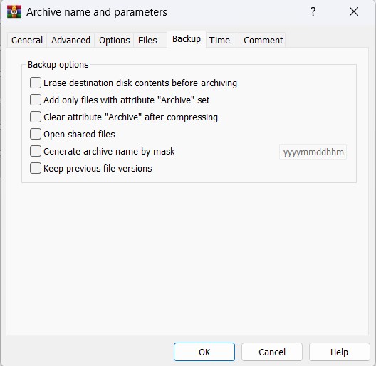 WinRar backup options