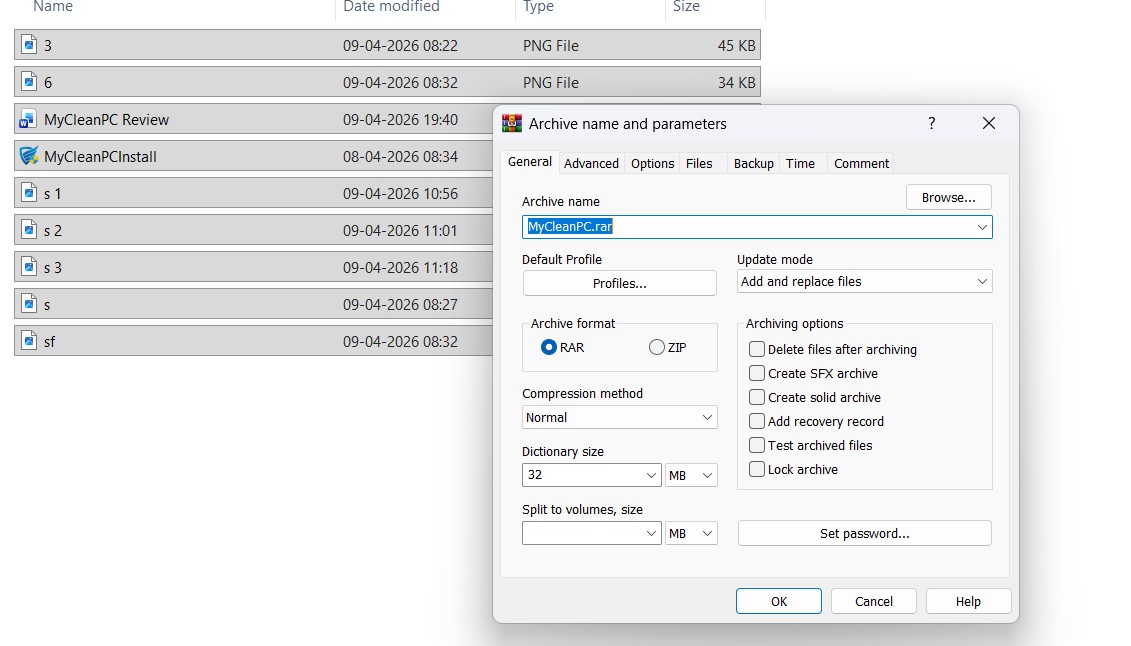 WinRar general tab and archiving options