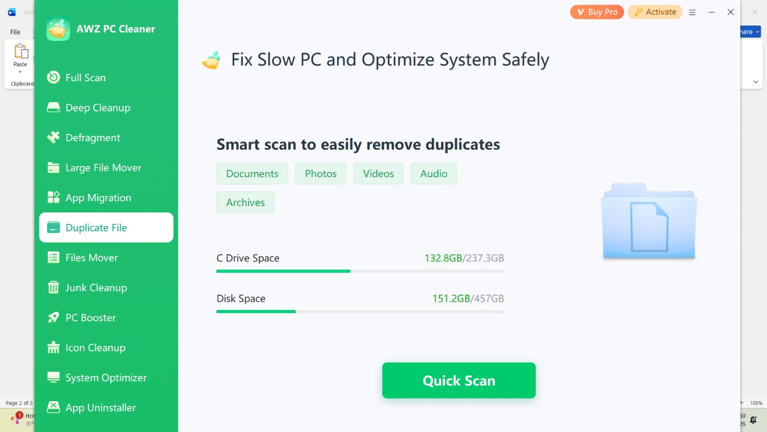 AWZ PC Cleanup Duplicate File tab