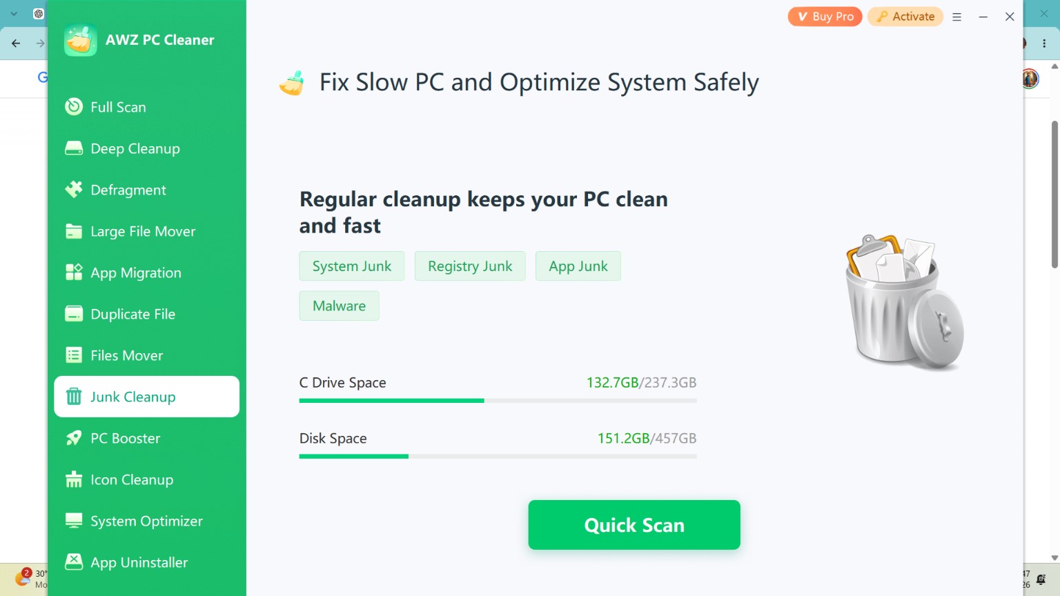 AWZ PC Cleanup Junk Cleanup tab
